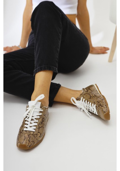 Hakiki Deri Alisa Bej Kroko Deri Baskılı Bağcıklı Günlük Kadın Ayakkabı modelleri