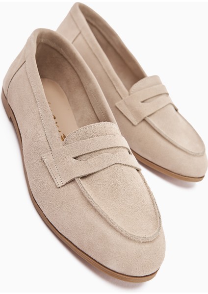 Hakiki Deri Solina Bej Süet Mokasen Ayakkabı Rahat Günlük Loafer