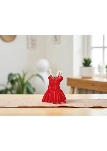 3D Baskı Elbise Tasarımlı Kalemlik | Hediyelik Masaüstü Kalem Organizeri – Pembe ve Kırmızı Renk Seçenekli