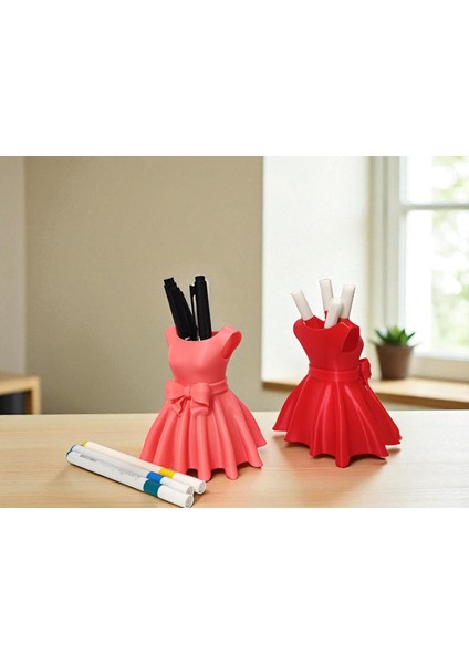 3D Baskı Elbise Tasarımlı Kalemlik | Hediyelik Masaüstü Kalem Organizeri – Pembe ve Kırmızı Renk Seçenekli modelleri