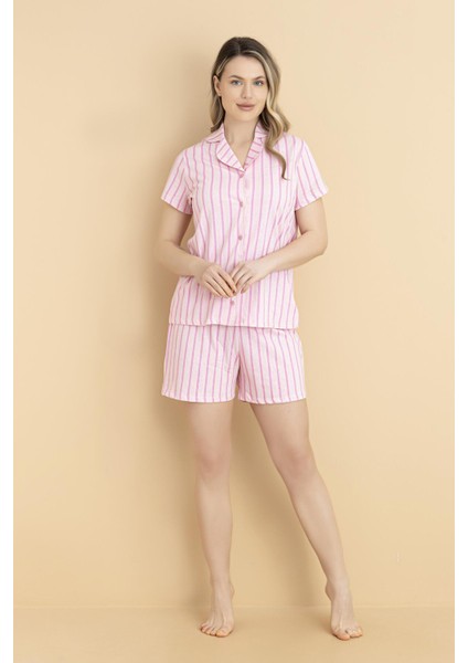 %100 Pamuklu Kadın Pembe Çizgili Önden Düğmeli Şortlu Pijama Takım
