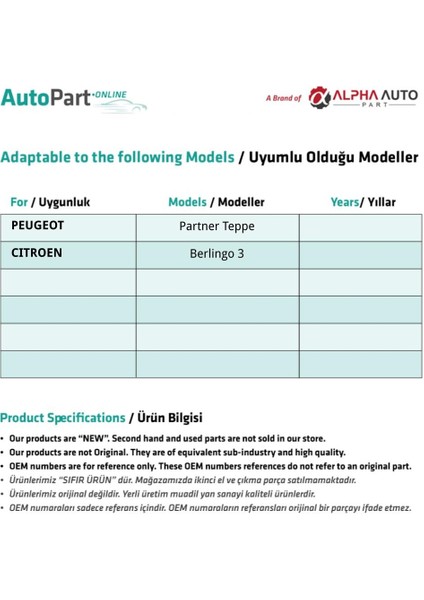 Peugeot Partner Tepee, Berlingo 3 için Sol Ön Cam Açma Düğmesi fiyatları