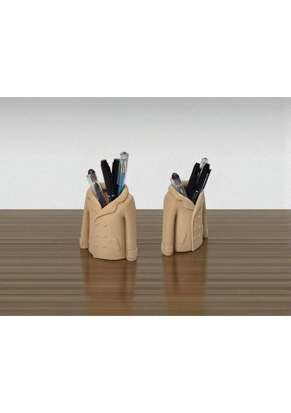 Trençkot Şeklinde Kalemlik | 3D Tasarım Masaüstü Organizer | Hediyelik Kalem Kutusu