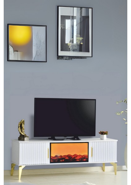 Rüya Şömineli Tv Sehpası Beyaz Gold Kulplu 2 Kapaklı Alev Efektli 150x50x36 Cm