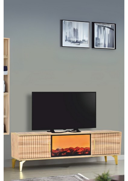 Rüya Şömineli TV Sehpası Atlantik Çam Gold Kulplu 2 Kapaklı Alev Efektli 150x50x36 Cm