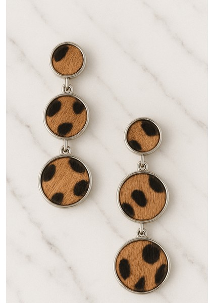 Pirinç Gümüş Renk 3'lü Daire Plaka Leopar Desenli Kadın Küpe fiyatları