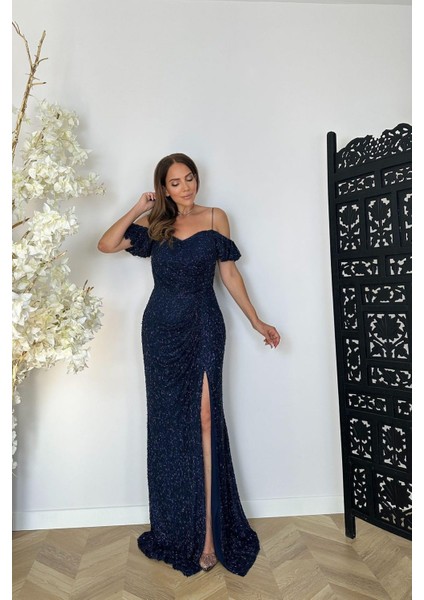 G1480 Drape Detaylı Maksi Abiye Elbise Lacivert