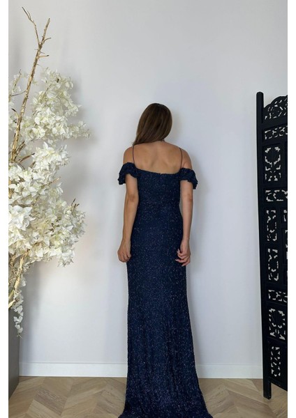 G1480 Drape Detaylı Maksi Abiye Elbise Lacivert fiyatları