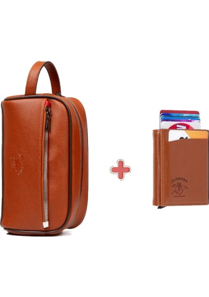 Erkek Deri Mekanizmalı Cüzdan ve Portföy Clutch Traş Kozmetik Bakım ve Günlük El Çantası (14X24CM) NEW171 - Taba - Taba