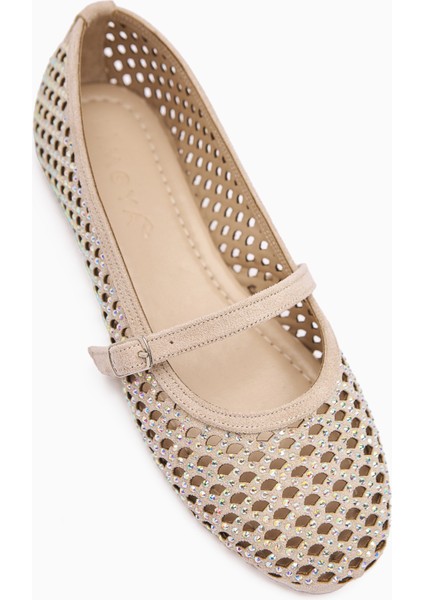 Nicole Ten Süet Oval Burunlu Delikli Taş Detaylı Tek Bantlı Günlük Kadın Ayakkabı