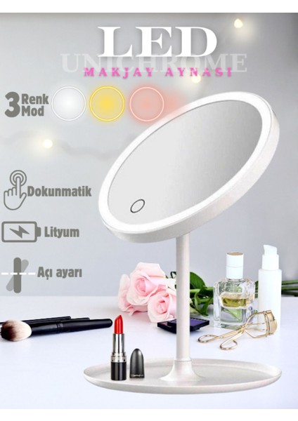 Dokunmatik LED Işıklı USB Yuvarlak Masaüstü Makyaj Aynası, Beyaz