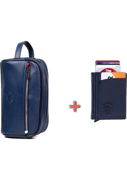 Erkek Deri Mekanizmalı Cüzdan ve Portföy Clutch Traş Kozmetik Bakım ve Günlük El Çantası (14X24CM) NEW171 - Lacivert