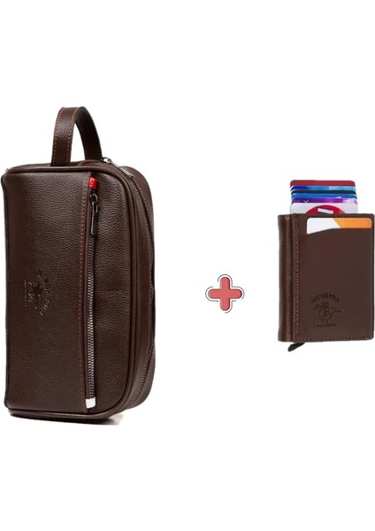 Erkek Deri Mekanizmalı Cüzdan ve Portföy Clutch Traş Kozmetik Bakım ve Günlük El Çantası (14X24CM) NEW171 - Kahve - Kahve