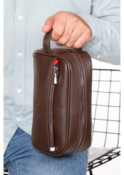 Erkek Deri Mekanizmalı Cüzdan ve Portföy Clutch Traş Kozmetik Bakım ve Günlük El Çantası (14X24CM) NEW171 - Kahve - Kahve