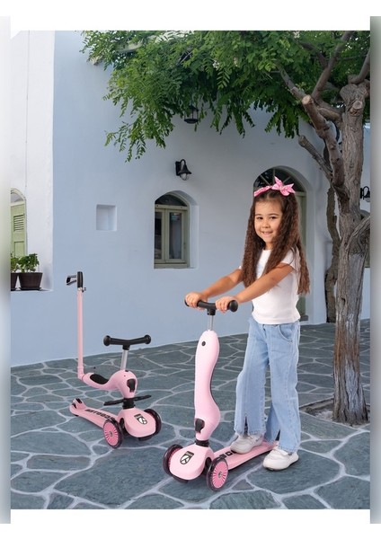 Premium Oturaklı Pembe Scooter 3 Tekerlekli LED Işıklı Scooter Yükseklik Ayarlı 1-6 Yaş