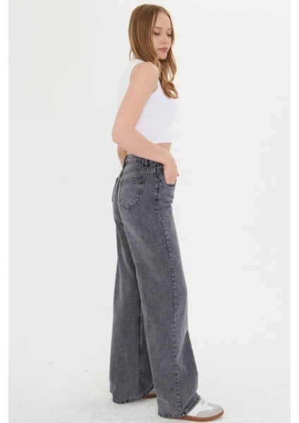 Kadın Açık Gri Boru Paça Yüksek Bel Regular Fit Pantolon modelleri