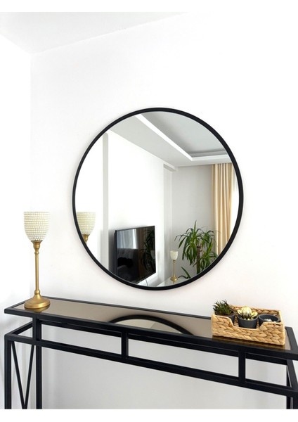 80 cm Siyah Metal Çerçeveli Yuvarlak Ayna, Şık ve Zarif Tasarım