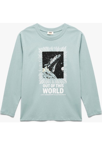 Baskılı Uzun Kollu Bisiklet Yaka Pamuklu Tişört