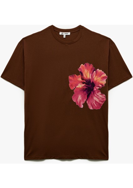 Kısa Kollu Bisiklet Yaka Rahat Kalıp Pamuklu Hibiskus Baskılı Tişört