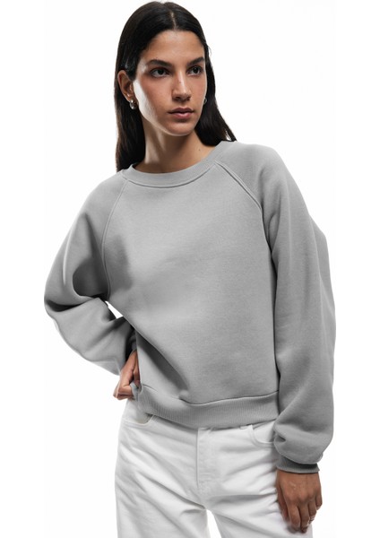 Pamuklu Bisiklet Yaka Şardonlu Sweatshirt