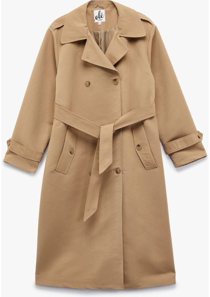 Uzun Kollu Düğmeli Kemer Detaylı Cepli Kruvaze Yaka Trençkot