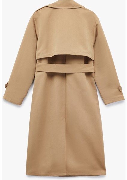 Uzun Kollu Düğmeli Kemer Detaylı Cepli Kruvaze Yaka Trençkot fiyatları