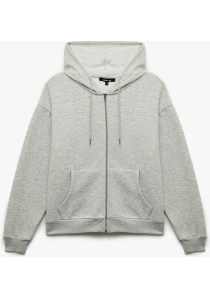 Fermuarlı Kapüşonlu Kanguru Cepli Uzun Kollu Oversize Spor Sweatshirt