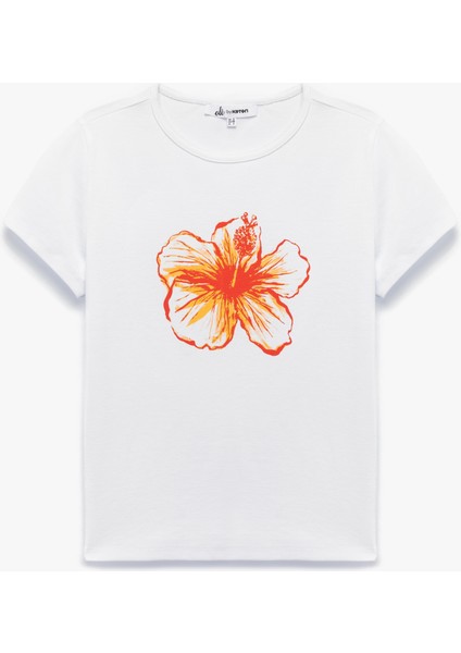 Slim Fit Kısa Kollu Bisiklet Yaka Pamuklu Hibiskus Baskılı Tişört