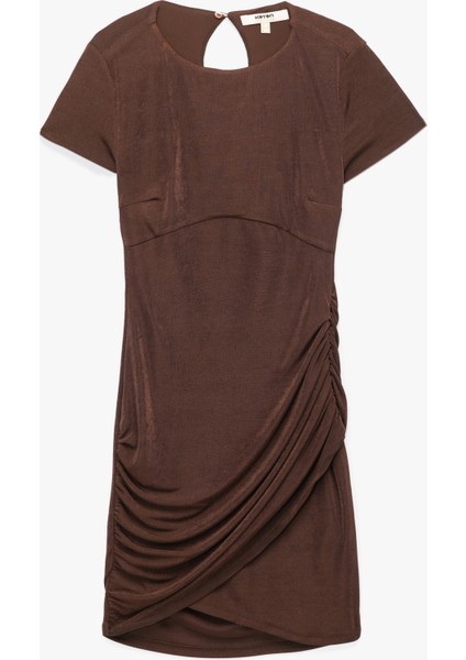 Pencere Detaylı Kısa Kollu Bisiklet Yaka Drapeli Bodycon Mini Abiye Elbise