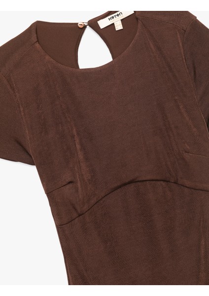 Pencere Detaylı Kısa Kollu Bisiklet Yaka Drapeli Bodycon Mini Abiye Elbise modelleri