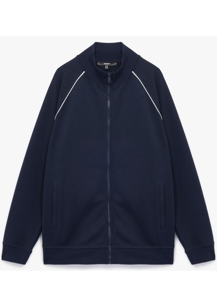 Uzun Kollu Çizgi Detaylı Cepli Pamuklu Dik Yaka Fermuarlı Sweatshirt