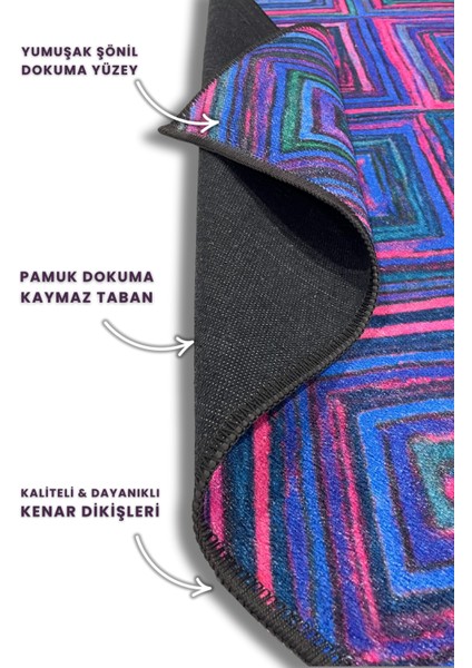 Geometrik Desenli Mor Halı Dijital Baskılı Dokuma Kaymaz Tabanlı Yıkanabilir Kareli Yazlık Odası Halısı Çok Renkli Halı
