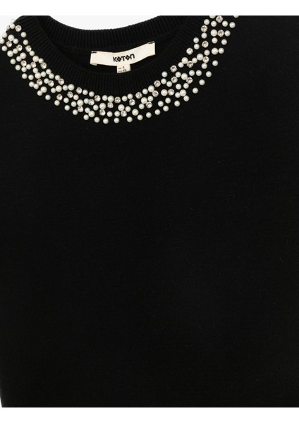 Viskon Karışımlı Boncuk Detaylı Kısa Kollu Triko Kazak modelleri