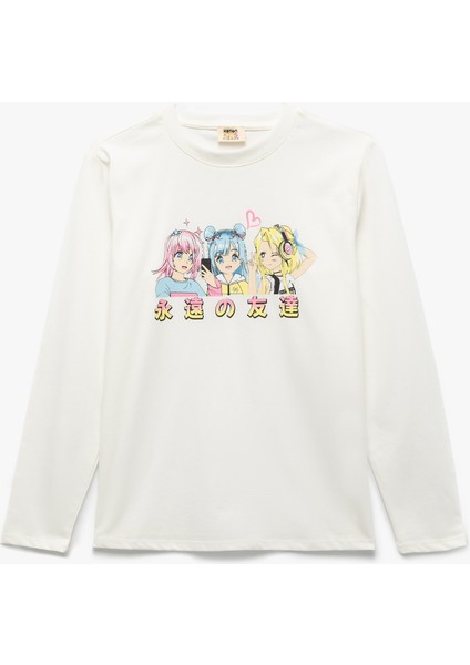 Pamuklu Uzun Kollu Bisiklet Yaka Anime Baskılı Tişört