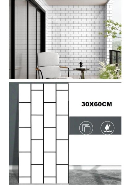 60X30CM Parlak Beyaz Tuğla Desenli Yapışkanlı Duvar Paneli
