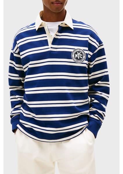 Çizgili % 100 Pamuk Relaxed Fit Düğmeli Polo Yaka Kazak Erkek Kazak MW0MW39682 0fa