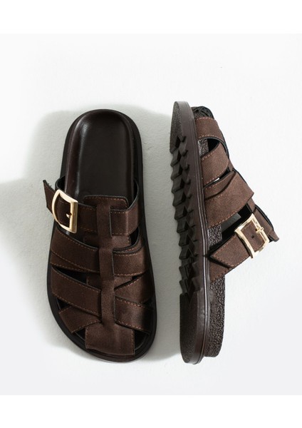 Julia Kadın Kahverengi Tokalı Detaylı Terlik Sandalet S