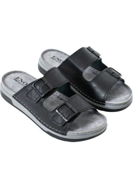 Enova Erkek Suni Deri Ortopedik Çift Monta Taban Ayarlı Tokalı Dikişli Şık Ev Dışarı Terliği