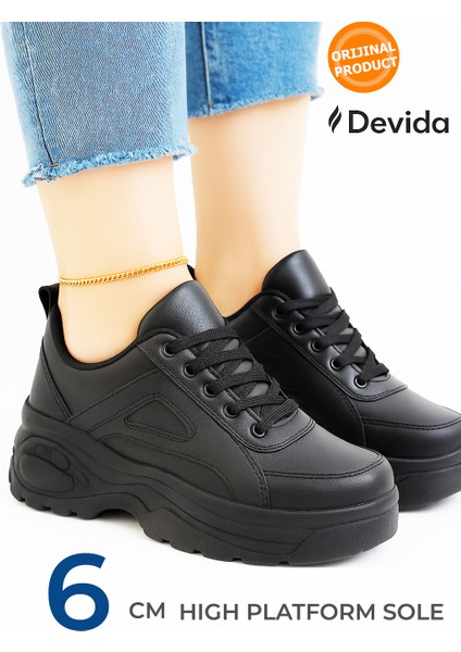 Kadın Siyah Spor Ayakkabı 6 Cm Yüksek Rahat Air Taban Günlük Sneaker X401