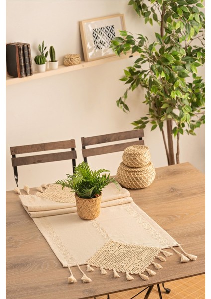 Keten Dantelli ve Ip Işlemeli Runner, Bej, Şık ve Zarif Dekorasyon Için.