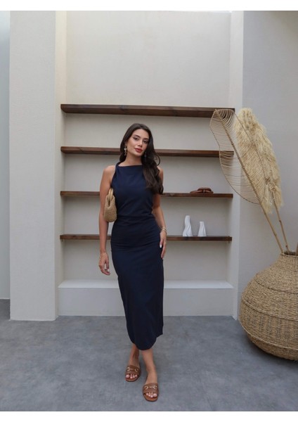 Omuz Detaylı Keten Midi Elbise