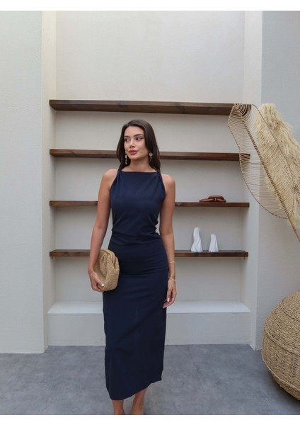 Omuz Detaylı Keten Midi Elbise fiyatları