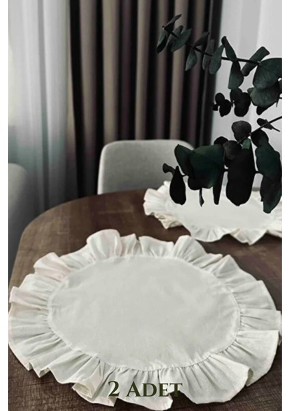 2'li Fırfırlı Keten Amerikan Servisi, Yuvarlak 40X40, Bej Renk