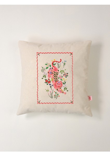 Flora Panther Çiçekli Pembe Kaplan Keten Kırlent Kılıfı 45X45 cm