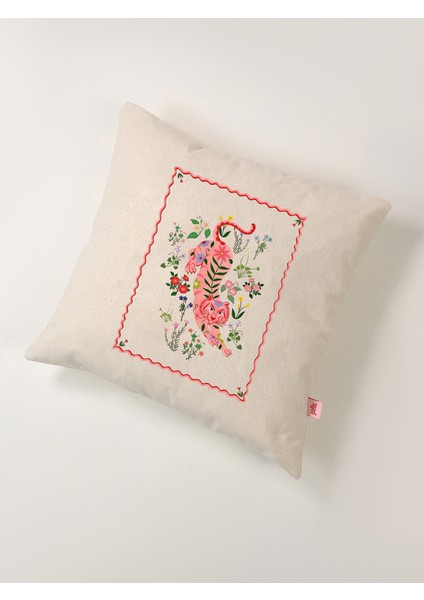 Flora Panther Çiçekli Pembe Kaplan Keten Kırlent Kılıfı 45X45 cm fiyatları
