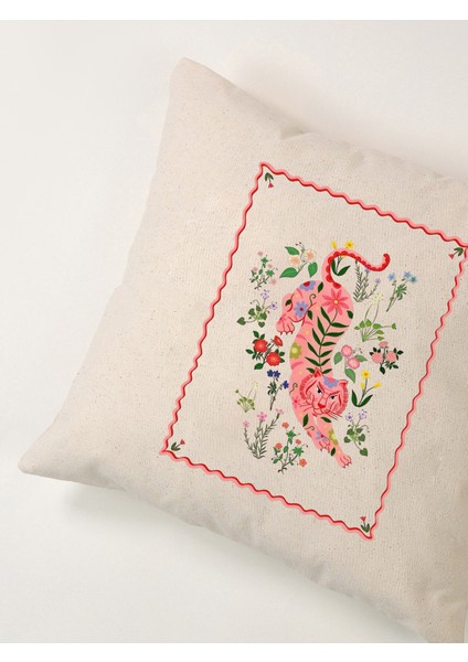 Flora Panther Çiçekli Pembe Kaplan Keten Kırlent Kılıfı 45X45 cm modelleri