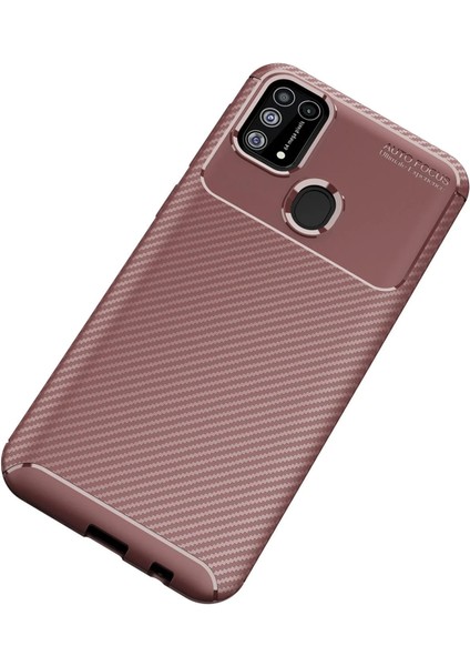 Samsung Galaxy M31 Kılıf Auto Focus Karbon Kapak - Kahverengi Arbkd
