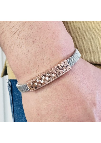 Gümüş Erkek BILEKLIK,14K Rose Altın Kaplama, Şık Hediye