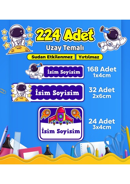 Uzay Temalı Okul Kreş Kişiye Özel Isim Etiket Seti - Model 525