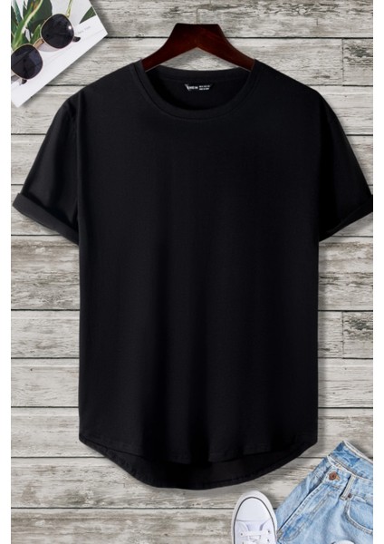 Erkek Siyah Bisiklet Yaka Oval Etek Salaş %100 Pamuk Basic T-Shirt